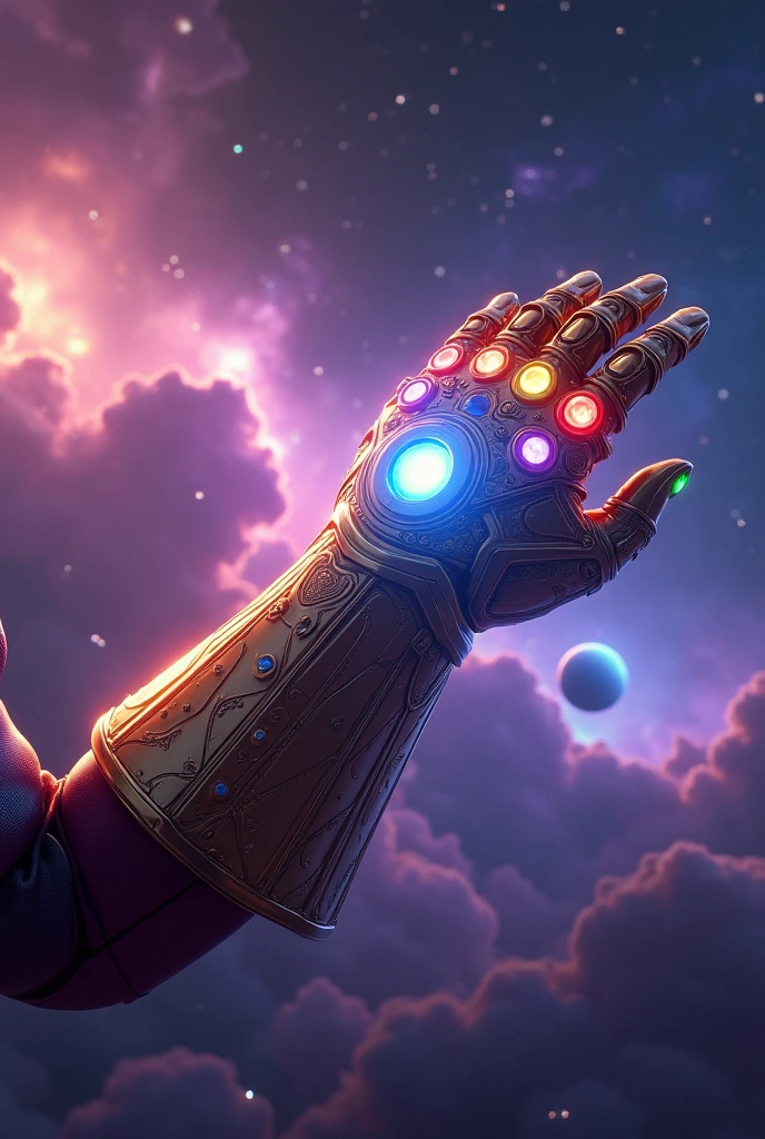 A massive, intricate, highly detailed, hyper-realistic 3D render of the Infinity Gauntlet from the Marvel Cinematic Universe, worn by Iron Man, floating in space, glowing with cosmic energy, surrounded by swirling nebulae, planets, and stars in the background, shining with a metallic sheen, every minute detail meticulously crafted, cinematic lighting, 8K resolution, hyper-photorealistic, award-winning CGI, concept art style