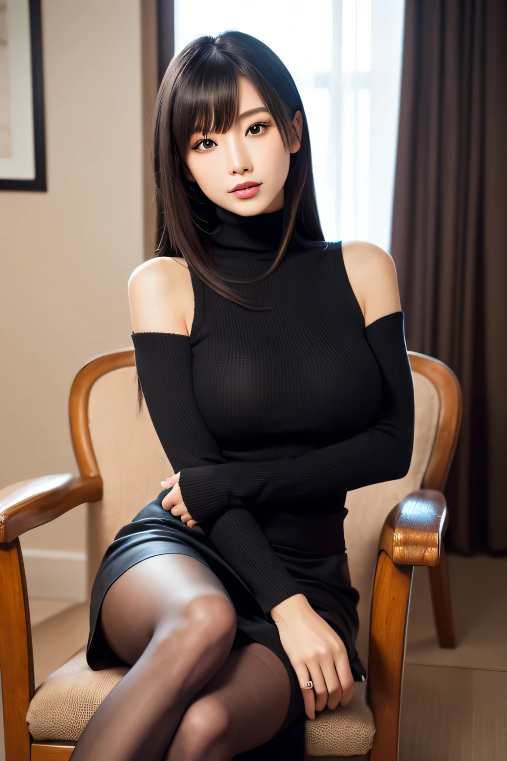 (Top image quality、top-quality、Top resolution、hyper realistic photography、Full body photo、masterpiece、)Japanese girl with long straight black colored hair and perfect bangs, sitting on a chair crossed legs with sexy shiny pantyhose and high heels, sitting gracefully in a tight pink turtleneck sweater and high-waisted black long skirt, large breasts but skinny, Her eyes are large and seductive half closed, seductive, eyeliner and eye shadow, tight clothing, sitting with legs crossed wearing pantyhose, goddess, thin beautiful, red lipstick, arms squeezing breasts