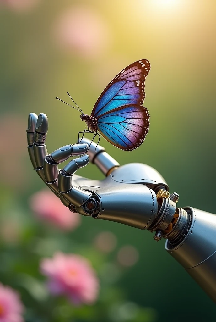Close-up of a mechanical hand, butterfly perched on index finger,