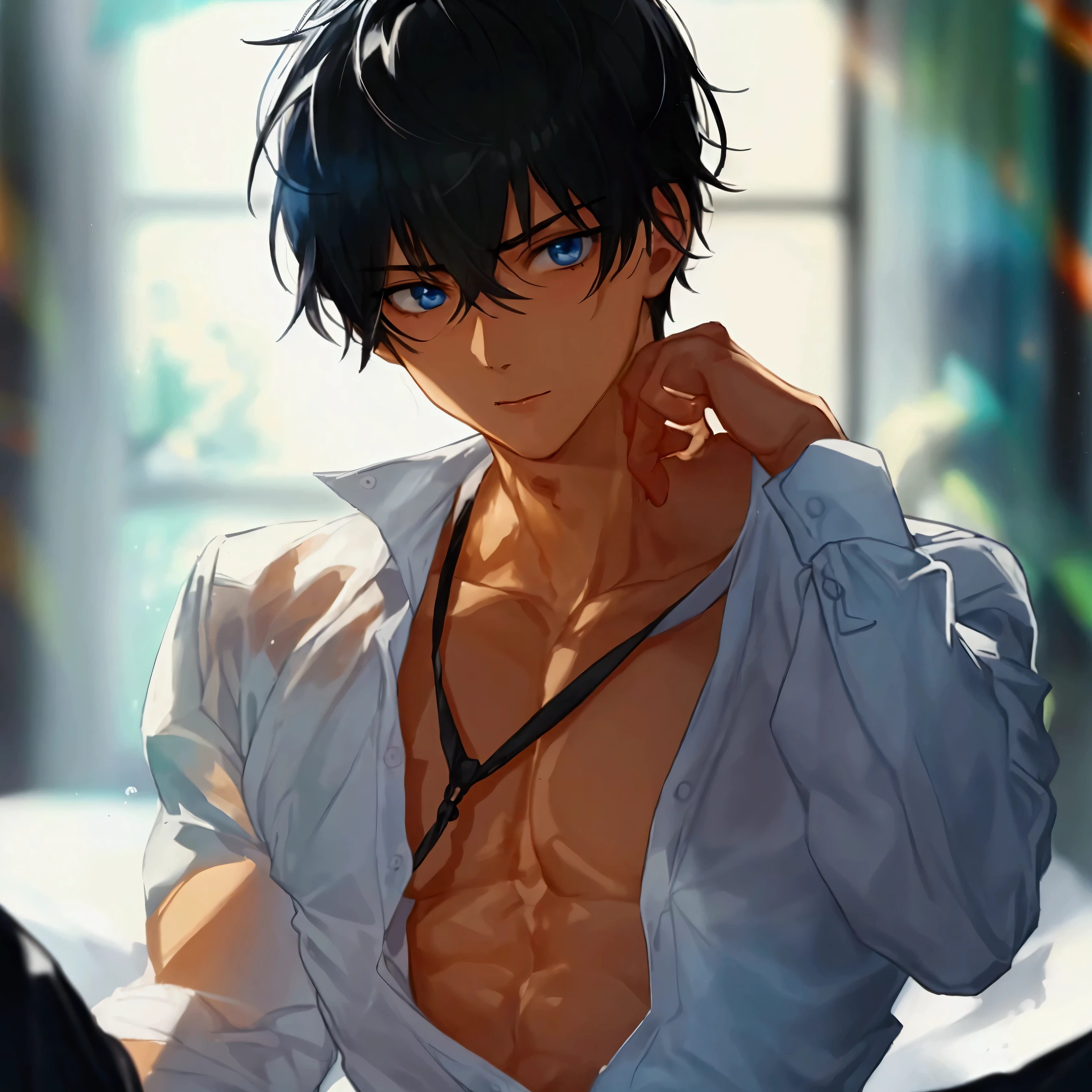 boy, black hair, light blue eyes, with his shirt open showing his muscular body, touching his penis with his hand, masturbating, while his other hand has a photo of a girl with short hair, black eyes and a white dress.