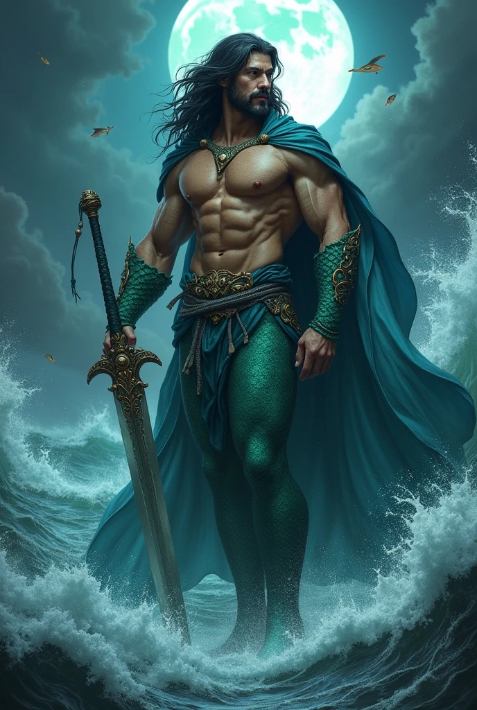 A tall and very strong man, with features of a merman, a living being of the seas carrying a large sword, black hair and an expressive look