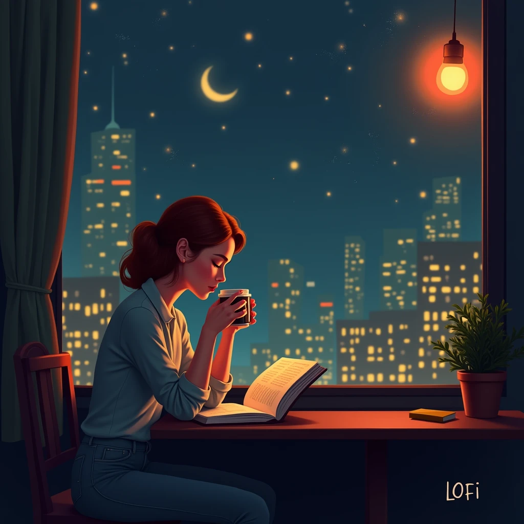 A woman reading a book while drinking coffee by the window in a cafe with a night view. Please put LOFI in the upper right corner.