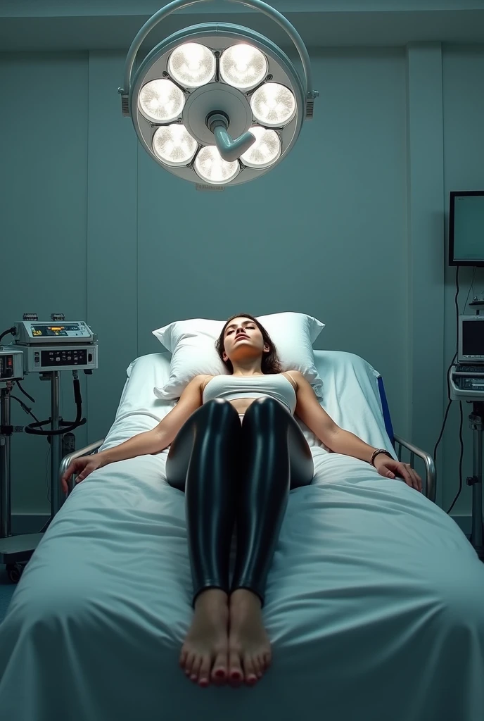 student lies in bed in operating room wearing latex leggings
