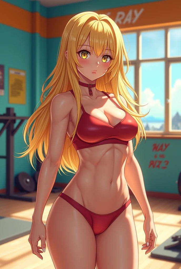 a blonde girl with golden eyes with an anime style bodybuilder body