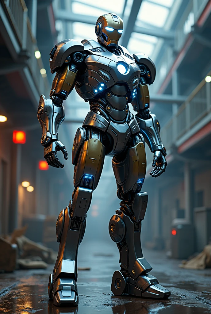 detailed mecha robot,highly detailed gundam,highly detailed iron man,detailed mechanical design,hyper-detailed mechanical parts,intricate machinery,complex futuristic technology,industrial cyberpunk style,metallic textures,shiny chrome accents,luminescent energy effects,cinematic dramatic lighting,photorealistic 3d render,award winning concept art