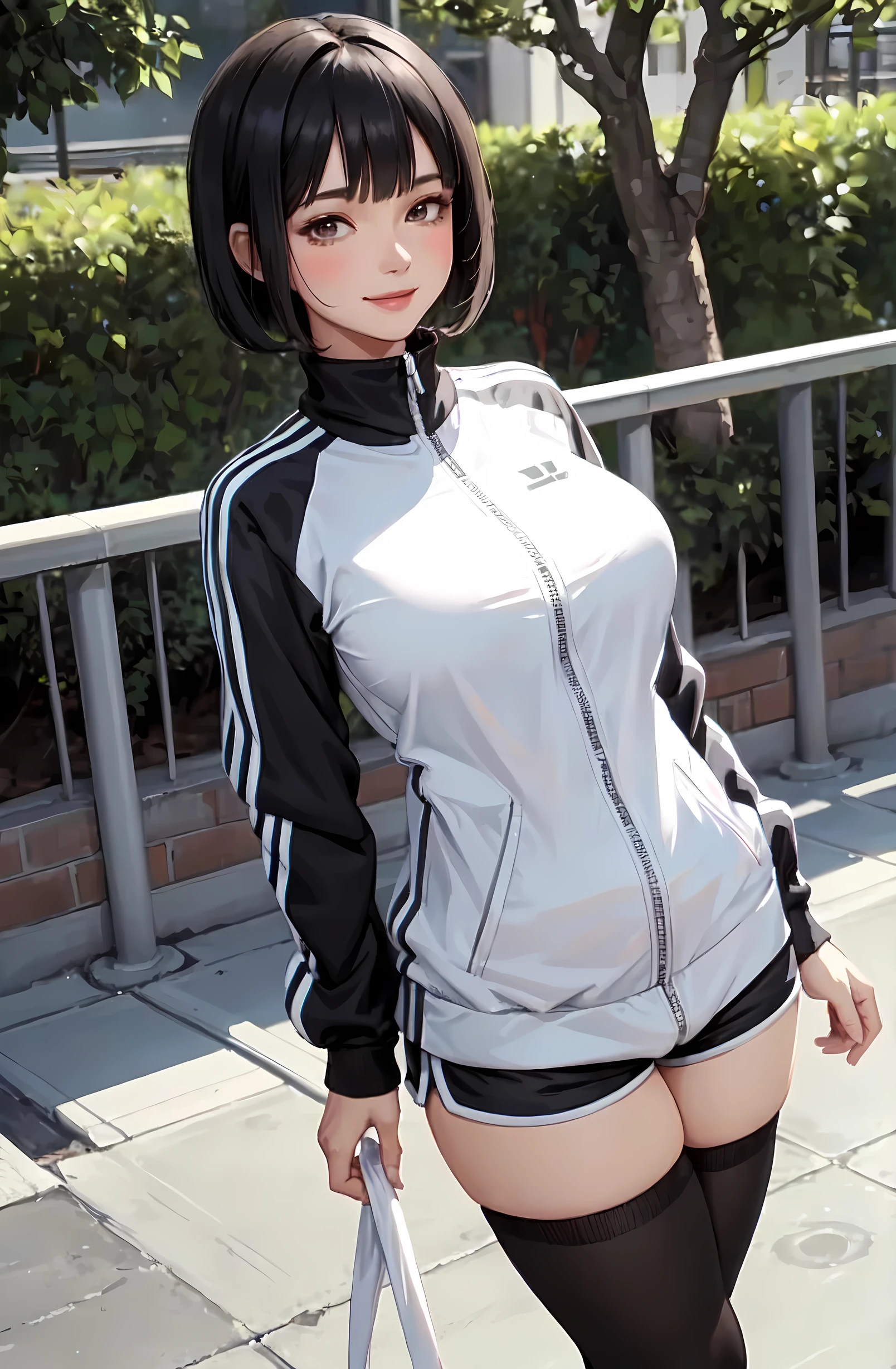 1lady standing, female, /(stylish tracksuit long sleeve/) /(sports shorts/), /(black short hair/) bangs, blush kind smile, (masterpiece best quality:1.2) delicate illustration ultra-detailed, large breast down BREAK /(public park outdoors/), detailed background