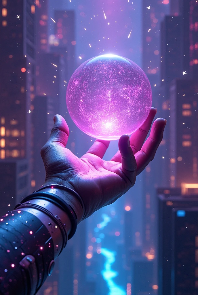 A cybernetically enhanced hand reaches out from the depths of the shimmering neon blockchain city. Its metallic fingers grasp a floating, glowing spherical data cube. Below the spherical data cube, there are faint blue flames shimmering. Neon rivers flow beneath towering circuit boards, and the metallic heart of the city pulses with iridescent light. Above, a multitude of shooting stars streak across the sky, shining brightly. The entire scene is bathed in a mesmerizing blend of purple and blue hues, creating an enchanting, unreal world.