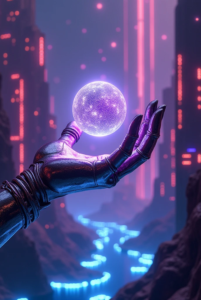 A cybernetically enhanced hand reaches out from the depths of the shimmering neon blockchain city. Its metallic fingers grasp a floating, glowing spherical data cube. Below the spherical data cube, there are faint blue flames shimmering. Neon rivers flow beneath towering circuit boards, and the metallic heart of the city pulses with iridescent light. Above, a multitude of shooting stars streak across the sky, shining brightly. The entire scene is bathed in a mesmerizing blend of purple and blue hues, creating an enchanting, unreal world.