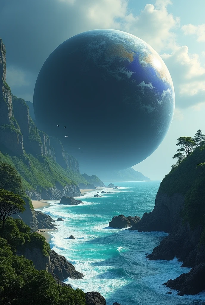 In the middle is a black space the size of the Earth, shaped like a planet.、A picture in which the sea and land surround it, filling it from the outside.