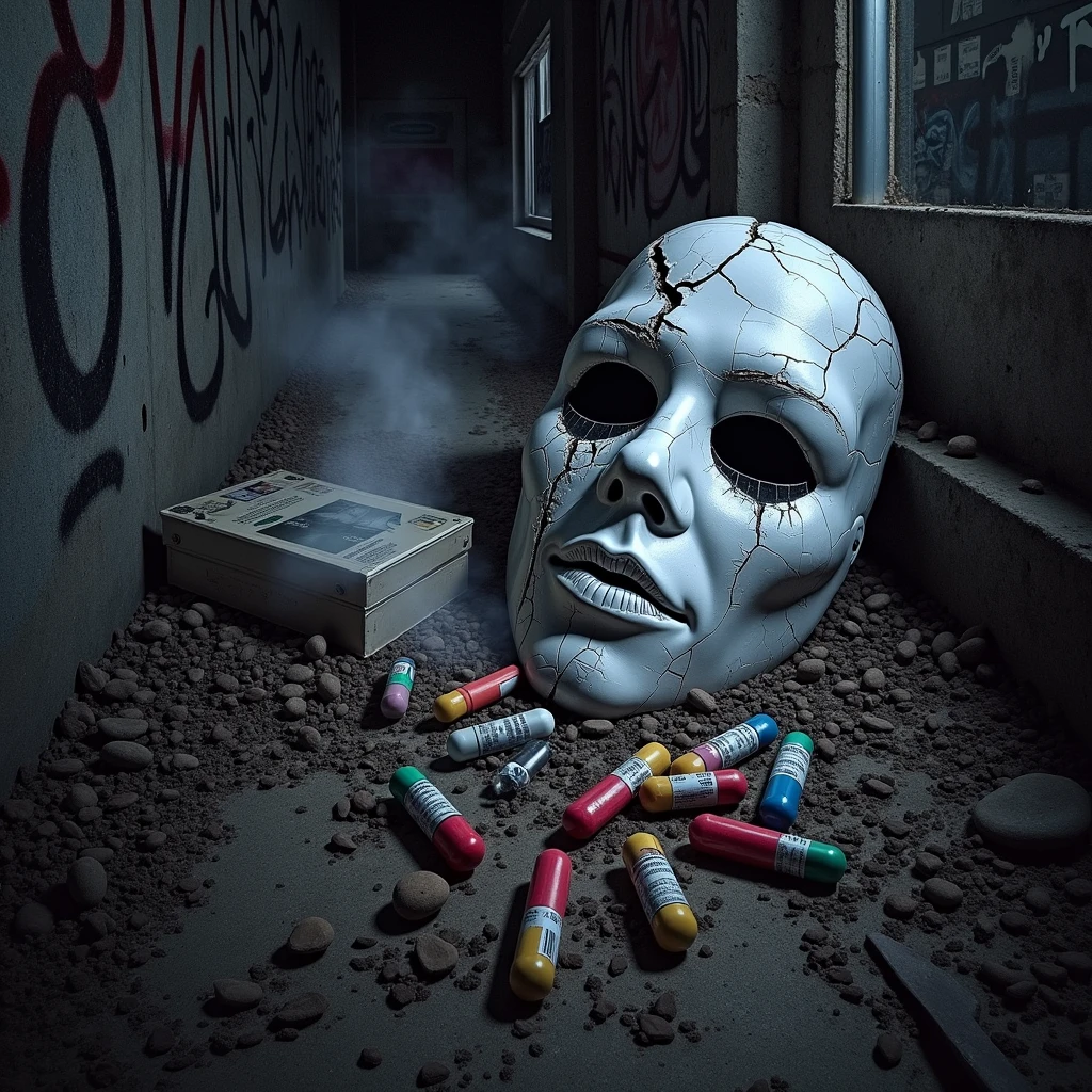 Destroyed mask with drugs around 