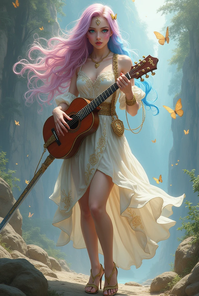 A very sexy girl with long very pink and blue hair, her skin is quite white and delicate, being covered with tattooed magic runes and a brilliant golden dust, your eyes have heterochromia one is purple and the other green. She wears the robes of a beautiful elegant muse and also likes to wear high heels, She is of noble origin and is the daughter of a genius. She is an adventurer and loves music, ela é uma barda e está sempre com your mandolin em mãos assim como sua bela espada, your mandolin, sword and hair are always surrounded by butterflies, She also wears a ruby ring., Your high heel is very delicate., she also wears a heart shaped necklace.