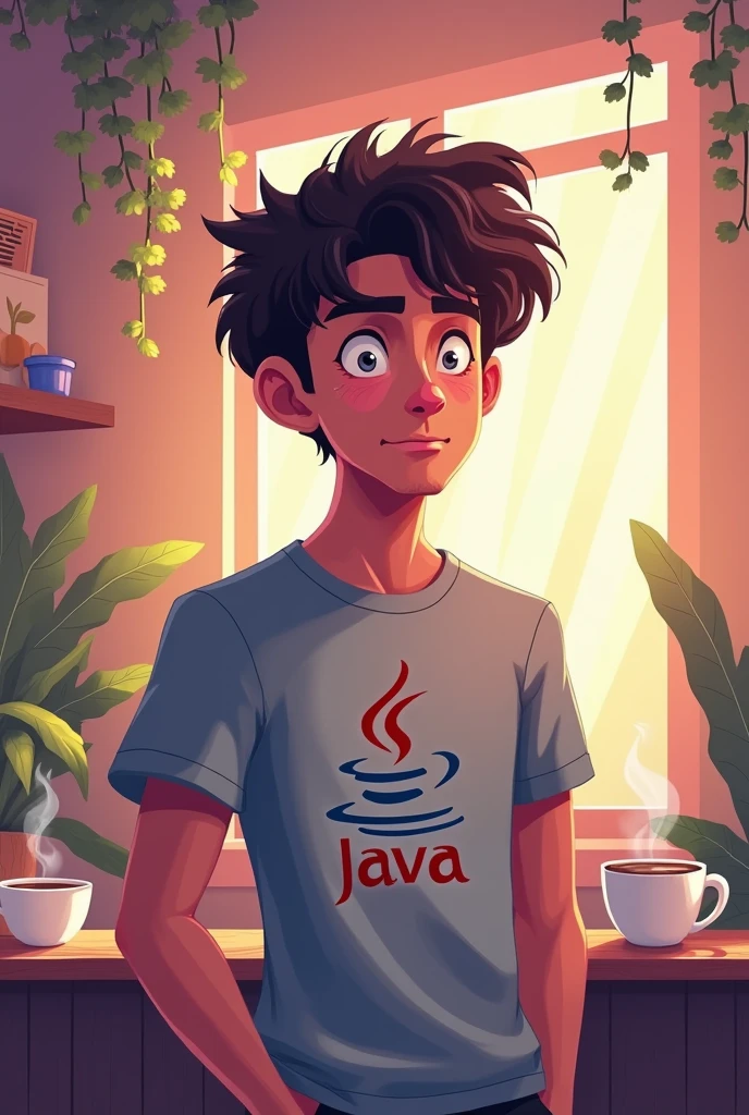 Create a male character, pixelated, drank coffee, with a t-shirt with the JAVA logo in the middle, with a sleepy face, curly hair, fair brown-skinned.