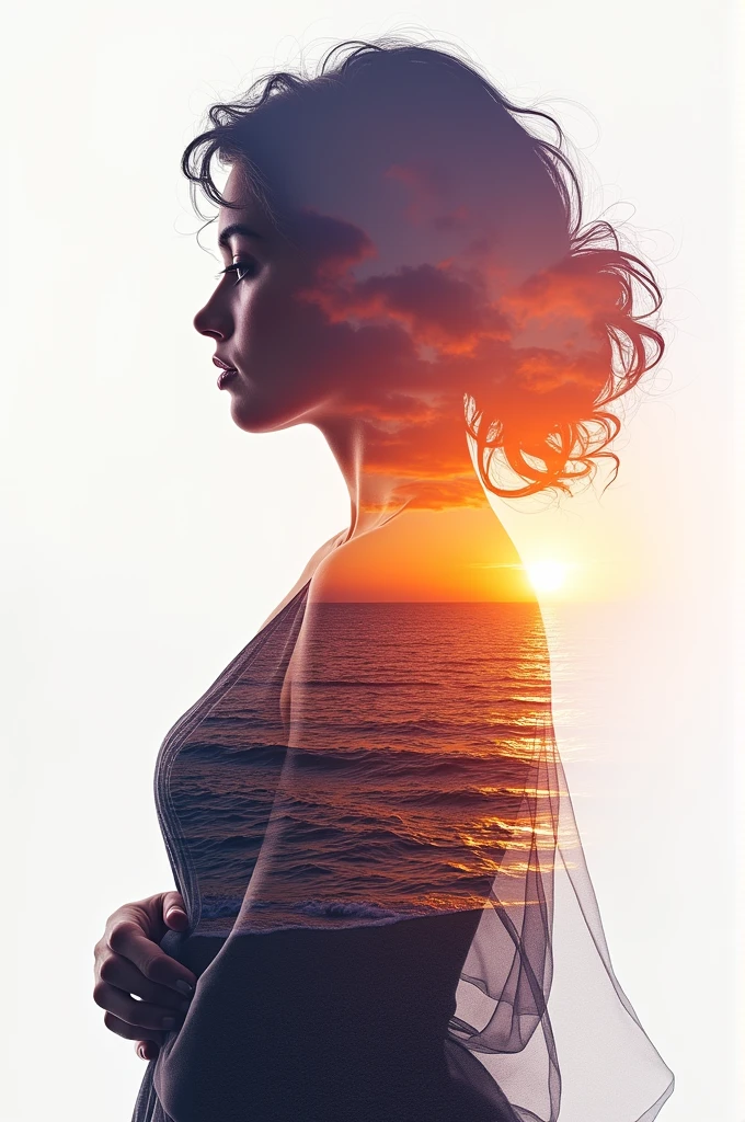 high quality, 8K Ultra HD, A beautiful double exposure that combines an goddess silhouette with sunset coast, sunset coast should serve as the underlying backdrop, with its details incorporated into the goddess , crisp lines, The background is monochrome, sharp focus, double exposure, by yukisakura, awesome full color,