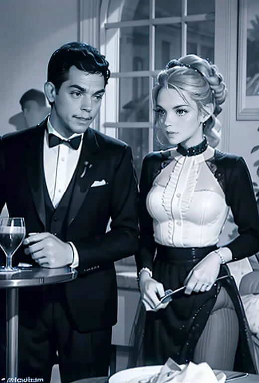 a vibrant image showing a couple: cantinflas wearing an elegant tuxedo, sitting at a restaurant table with KatjaKeanQuiron woman who is wearing an elegant gala dress, They are enjoying dinner 