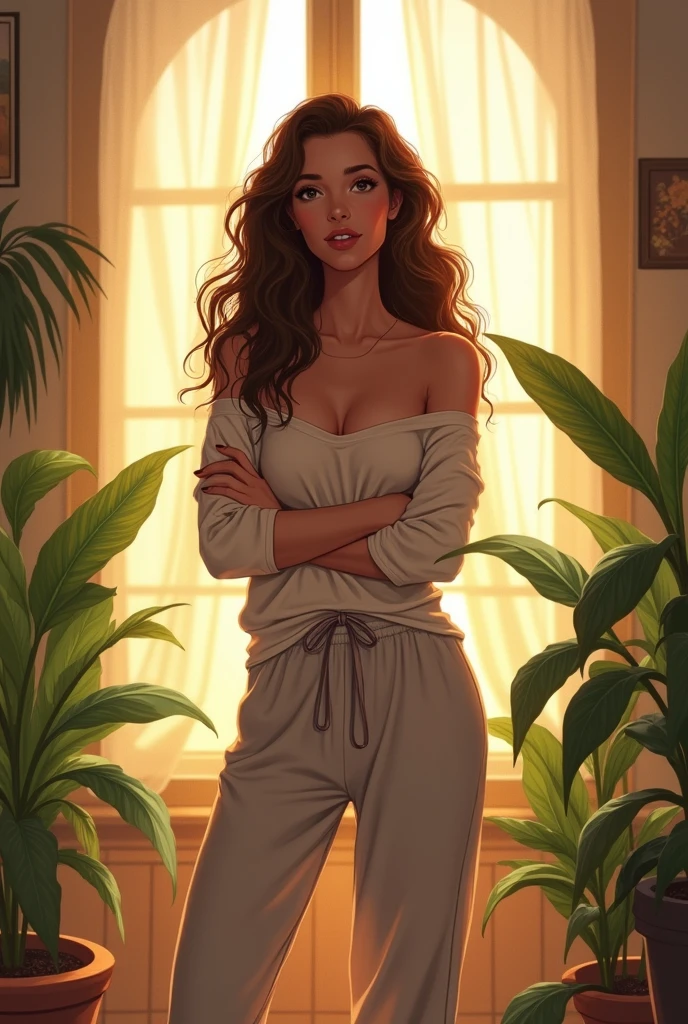 (photorealism:1.2), beautiful woman, crossed arms, wearing loose off-shoulder top, pajama pants, long curly hair, indoors, soft lighting, plants in background, window with sunlight, cozy room, relaxed pose, anime, intricate details, warm colors, by Greg Rutkowski, by Alphonse Mucha, full body, landscape