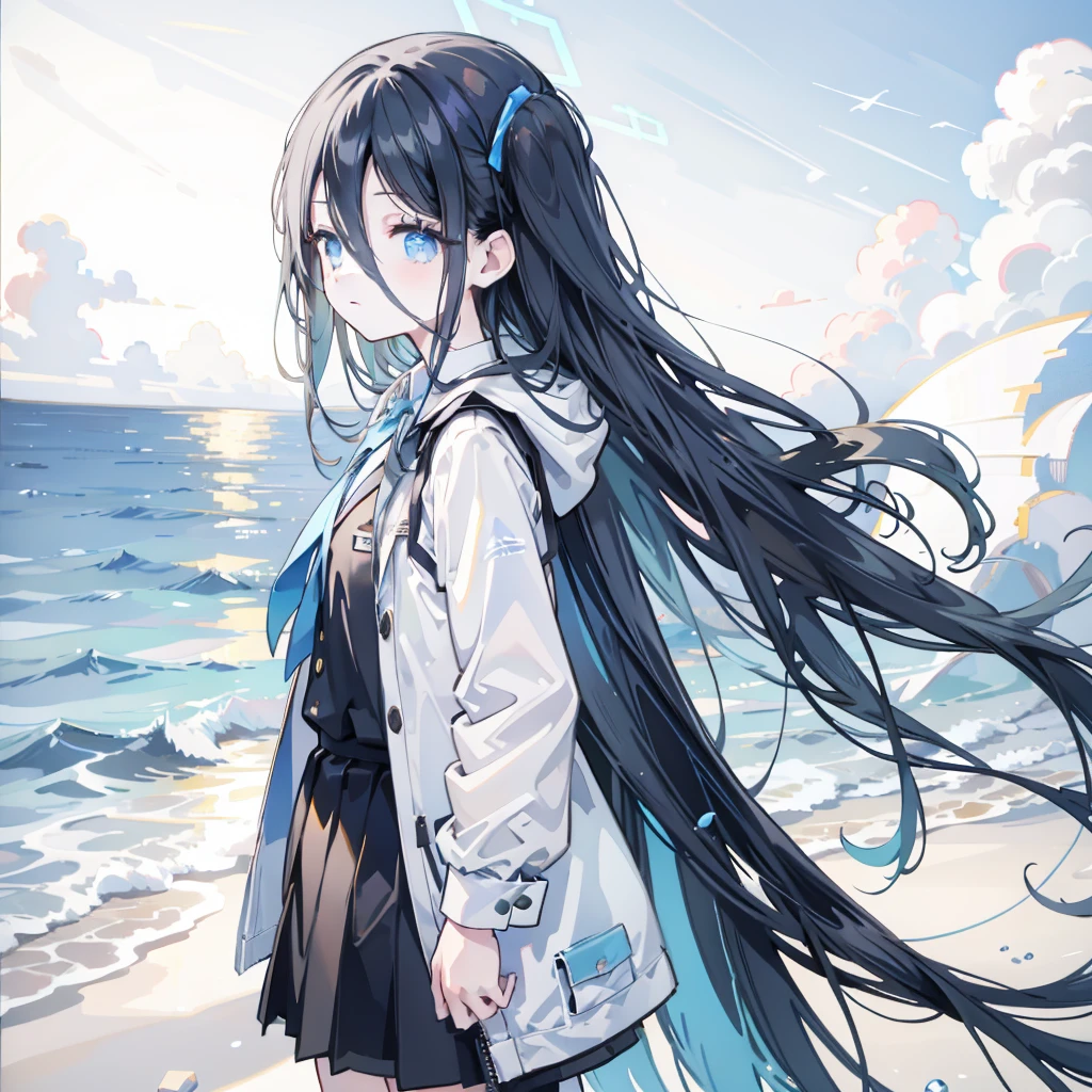 a young man with long Black Hair and a vest on standing in front of the ocean with a blue sky空, (1 Girl:0.955), (Bangs:0.575), (black eyes:0.572), (Black Hair:0.709), (blue sky空:0.985), (Shut up:0.536), (cloud:0.927), (sky:0.980), (horizon:0.816), (Japanese clothes:0.511), (Lips:0.7), (Long hair:0.775), (Looking at the audience:0.811), (nose:0.534), (ocean:0.950), (outdoor:0.734), (Practical:0.814), (sky空:0.988), (Solitary:0.937), (Upper Body:0.557), (water:0.600)