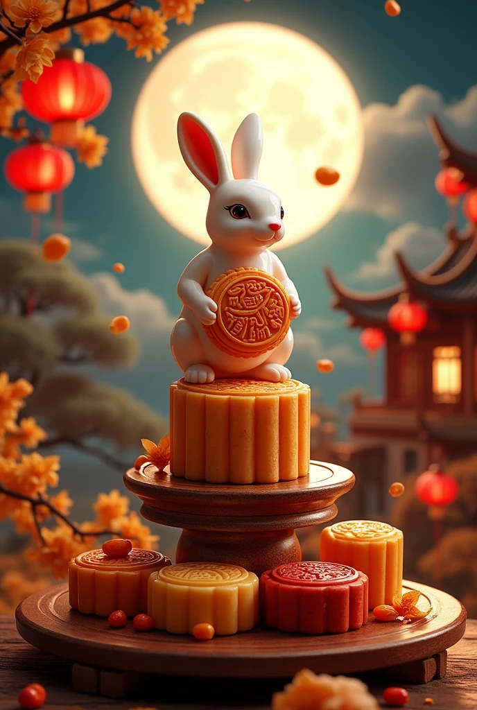 Generate a Mid-Autumn Festival night scene with the full moon as the main subject。at Hong Kong,Hong Kong elements。The moon occupies most of the frame,Silvery white glow。Inside the Moon,Design a brand shape IP with the image of a jade rabbit,It holds a mooncake with the brand logo,Sitting on the moon。Draw a sweet-scented osmanthus tree in the foreground,Golden osmanthus flowers fall one after another。An antique wooden table is placed under the tree,The table is filled with moon cakes and fruits of various flavors,Mooncake packaging with brand logo printed on it。The background is a Chinese classical garden,There are pavilions,Red lanterns hanging high。The overall tone is warm。