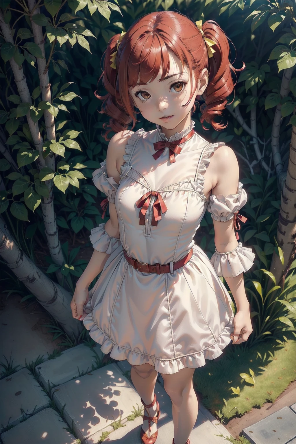((top quality, ultra-detailed, high resolution, extremely detailed CG, unity 8k wallpaper, by famous artist, perfect anatomy, super detailed skin, cinematic lighting, UHD, retina, anatomically correct, 1080P)), (Please draw a single one girl walking in the Japanese suburbs:1.3), ((1girl)), (Solo, face,13-year-old:2.0), a junior high school student, ((cute petit girl, chibi, babyface)) androgynous charm, Medium hair, ((full red hair)) ((redhead)), straight hair, pigtails, straight bangs, with a bow in her hair, ((very thin legs)), ((skinny legs, thin body, small build)), Full limbs, complete fingers, ((perfect fingers and hands)), flat chest, small breasts, childish body, small butt, groin, Beautiful detailed full yellow gold eyes, perfect eyes, ((A flowy ulzzang dress in soft pink with lace details, puffed sleeves, and a ribbon belt, worn by a girl with a sweet smile.)) (Detailed Lighting), ((Japanese suburbs)), (Detailed scenary background), full body view, Cute, kawaii single girl (one girl), full body shot, ((little young body:1.3)), ((long skirt)), ((shoes)), ((red hair girl:1.3)), ((A natural, correctly proportioned hands)), ((completely straight and linear bangs))