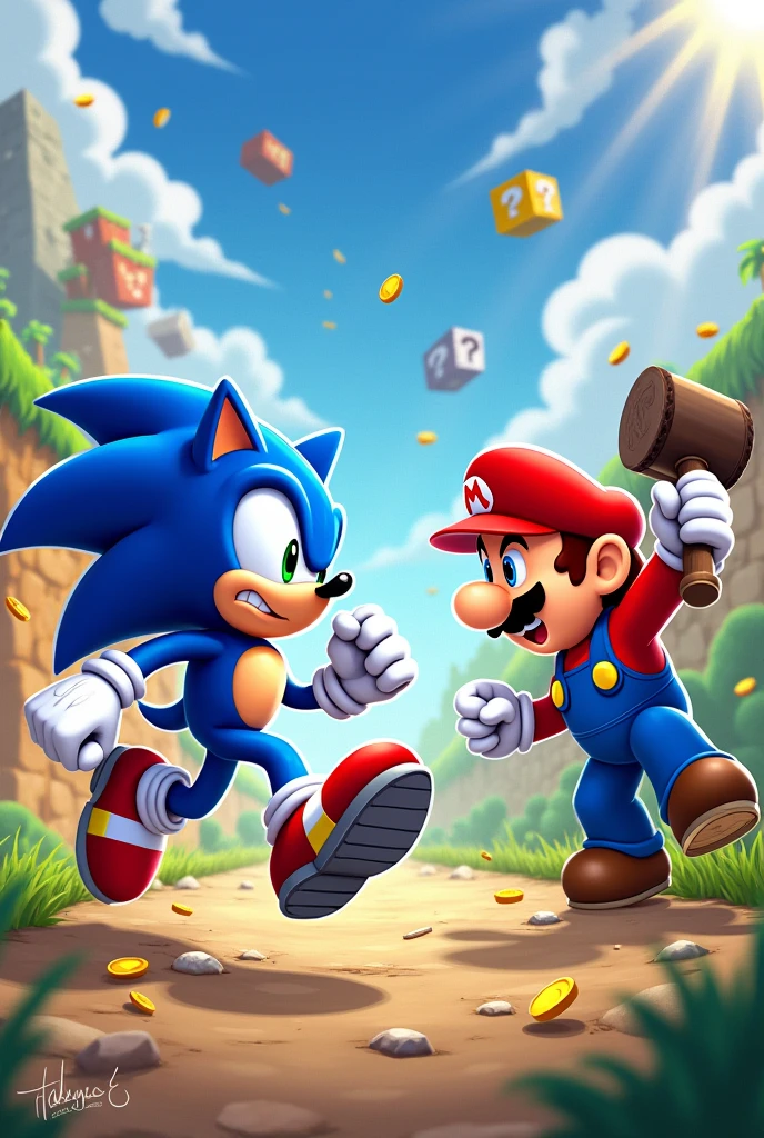 Sonic fighting with Mario 