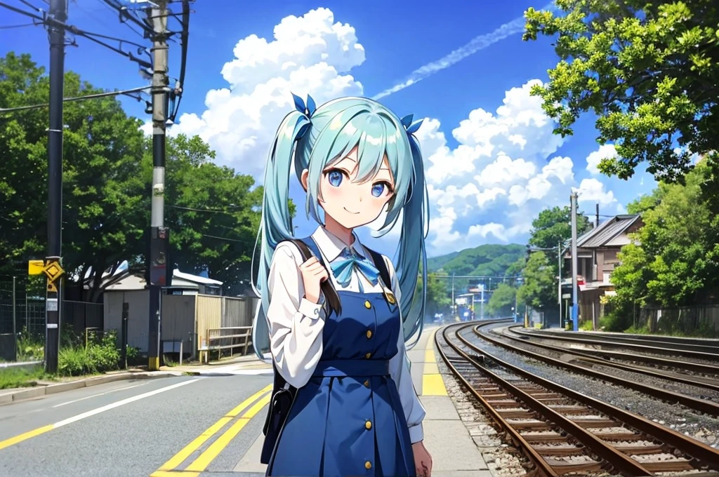 line、Railroad crossing、The train runs、Light blue long hair、Beautiful girl with twin tails、blue sky、Smiling Girl、