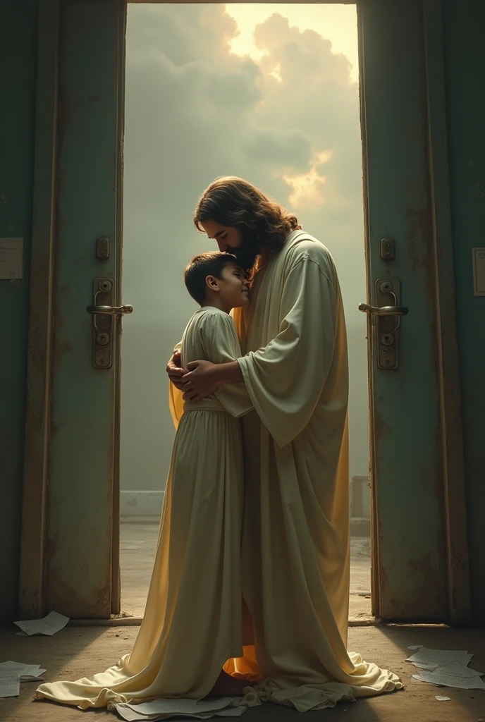 I want a picture of a young sick man with Jesus hugging him. Both are looking at the door of a hospital. 