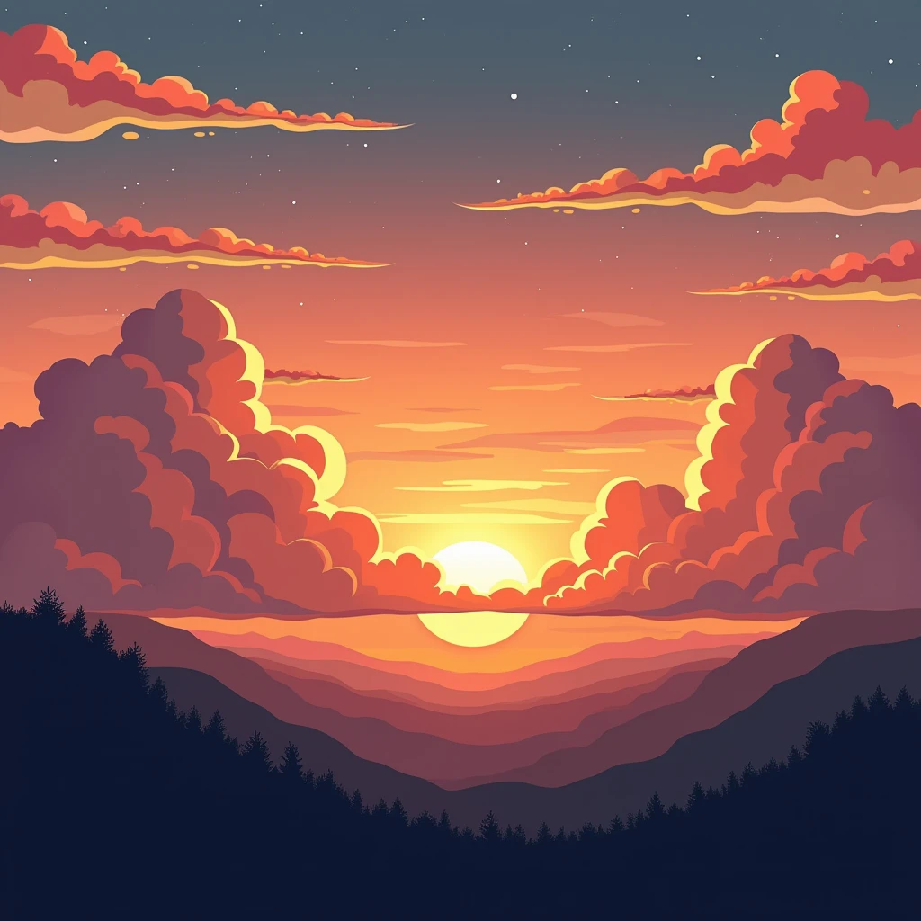 In an illustration style, with summer clouds, sunset, and a fantastical feel, without the sun. There is only a silhouette of...