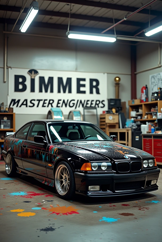 Black BMW E34 with many colorful paint splashes all over the car with BBS rims inside a mechanic's workshop and in the background a large sign that says Bimmer Master Engineers