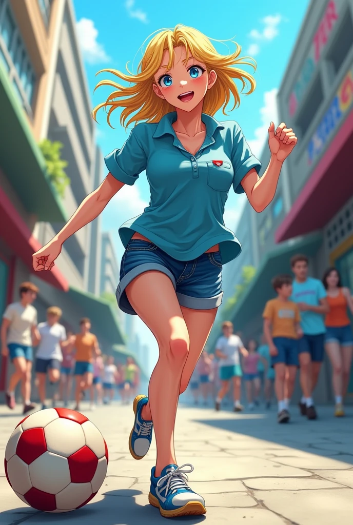 Anime of a young blonde woman in a blue shirt and blue jean shorts playing street football
