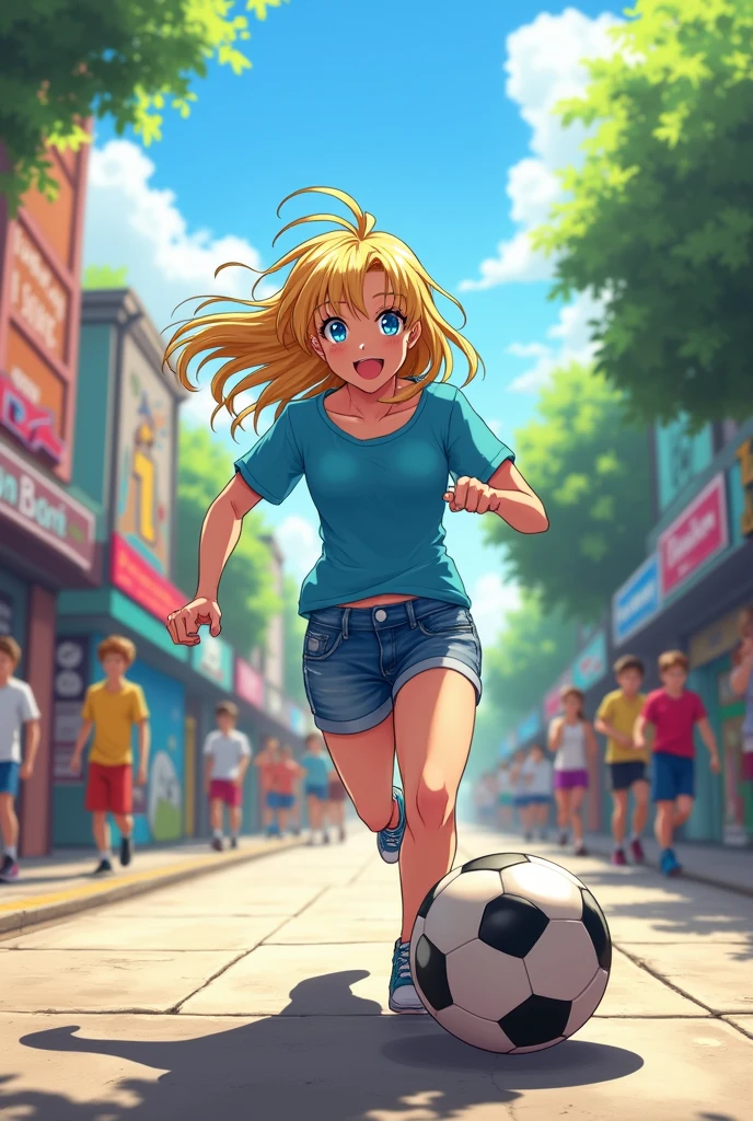 Anime of a young blonde woman in a blue shirt and blue jean shorts playing street football