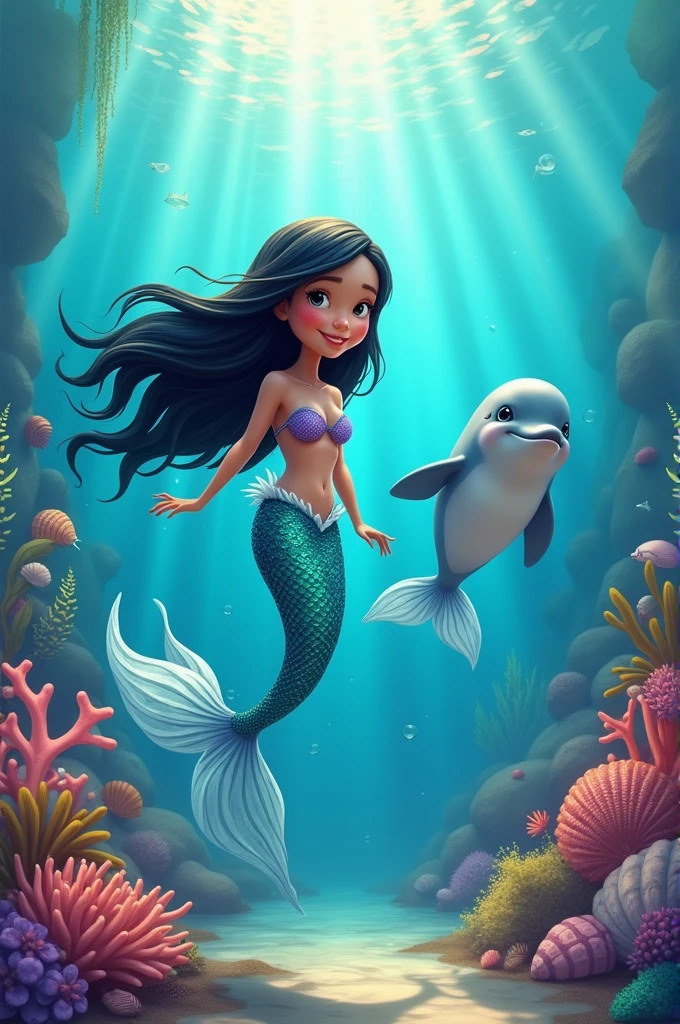 A mermaid caricature with black hair and her dolphin friend are going to school at the bottom of the sea 