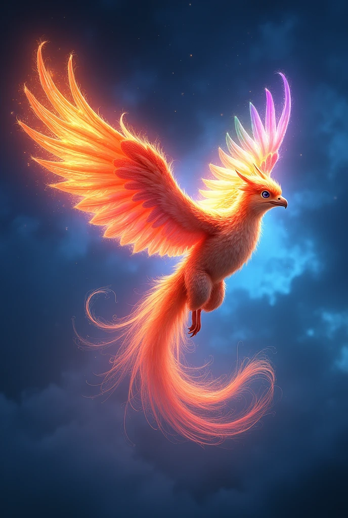 (best quality, masterpiece, ultra detailed, ultra high res, photorealistic, raw photo, absurdres, absolutely resolution), This creature has the fiery wings of a phoenix, but its entire body shines with rainbow colors like the aurora. The wings emit light and change color with every movement. Its eyes shine like stars, and its tail draws a beautiful curve like a flowing aurora. When it flies, it leaves a beautiful trail of light in the sky. Overall, it is a being with a mysterious and fantastical atmosphere.