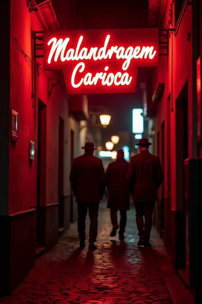 Create a logo for a craft burger joint with the title Malandragem Carioca in red LED and a background of a dark cobblestone street, with men wearing gangster hats in the back in Lapa