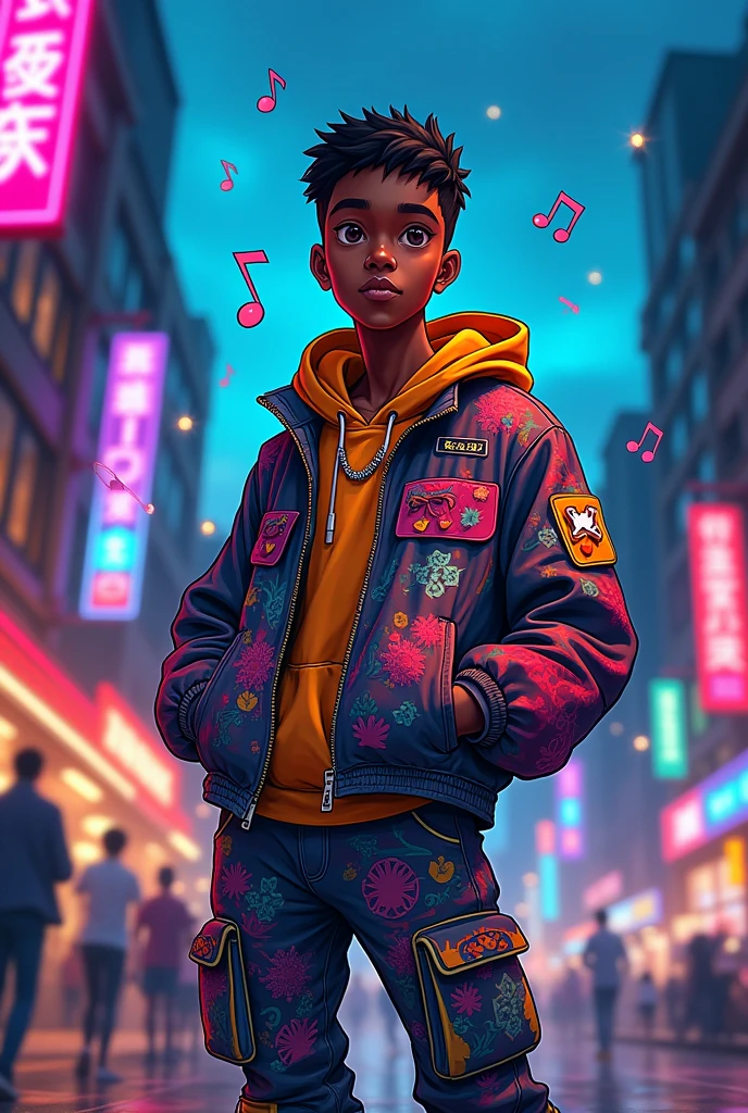 in anime style, a dark-skinned boy with stylish full-body clothes