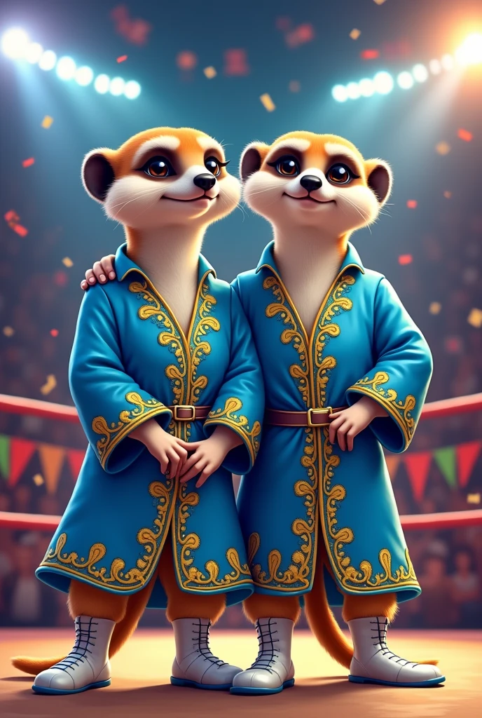 Two cartoon meerkats dressed like wrestling tag-team the Midnight Express,. Both wearing Puffy Blue robes with extravagant gold patterns and white wrestling boots