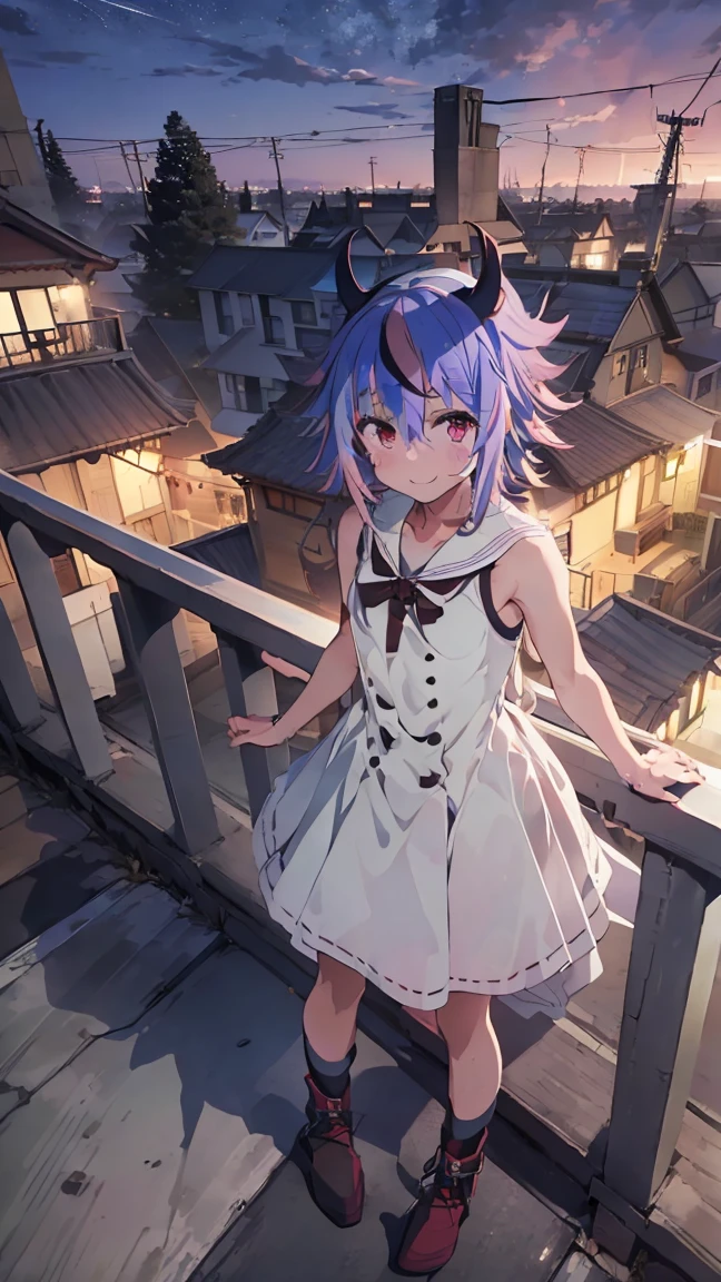 masterpiece, Highest quality, High resolution, Very detailed,(((Mikoto Naruka))), (((smile)))、(((Standing in the distance))), (((White Dress))), (((rooftop))), (((handrail))), (((Streetscape))), (((night))), (((Multicolored Hair))), (((horn))), (((Pink Eyes)))