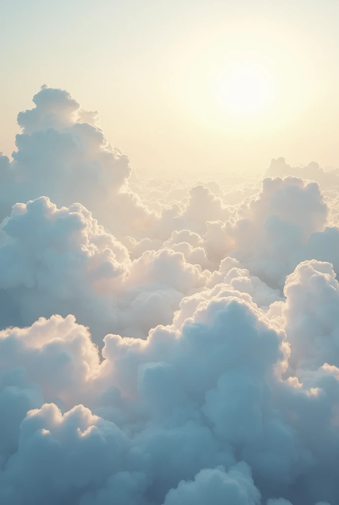 Create a serene and expansive background of clouds. The image should feature soft, billowing clouds in various shapes and sizes, filling the entire scene. The clouds should be predominantly white and light gray, with hints of warm, golden sunlight filtering through, creating a peaceful and calming atmosphere. The sky should be a soft gradient, transitioning from a pale blue at the top to a lighter, almost white hue at the horizon. The overall effect should be dreamy and tranquil, evoking the sensation of floating in the sky