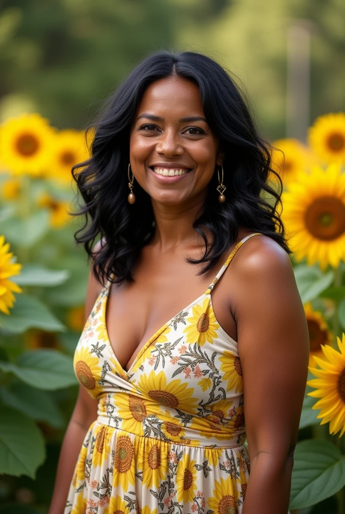 Make a 40 year old woman, skin not too light but not as dark as cinnamon skin, black hair not so long but not short either, wavy fur, She is not fat but not skinny either, She is chubby and loves coffee and sunflowers., You can do it with a representative dress and some earrings.