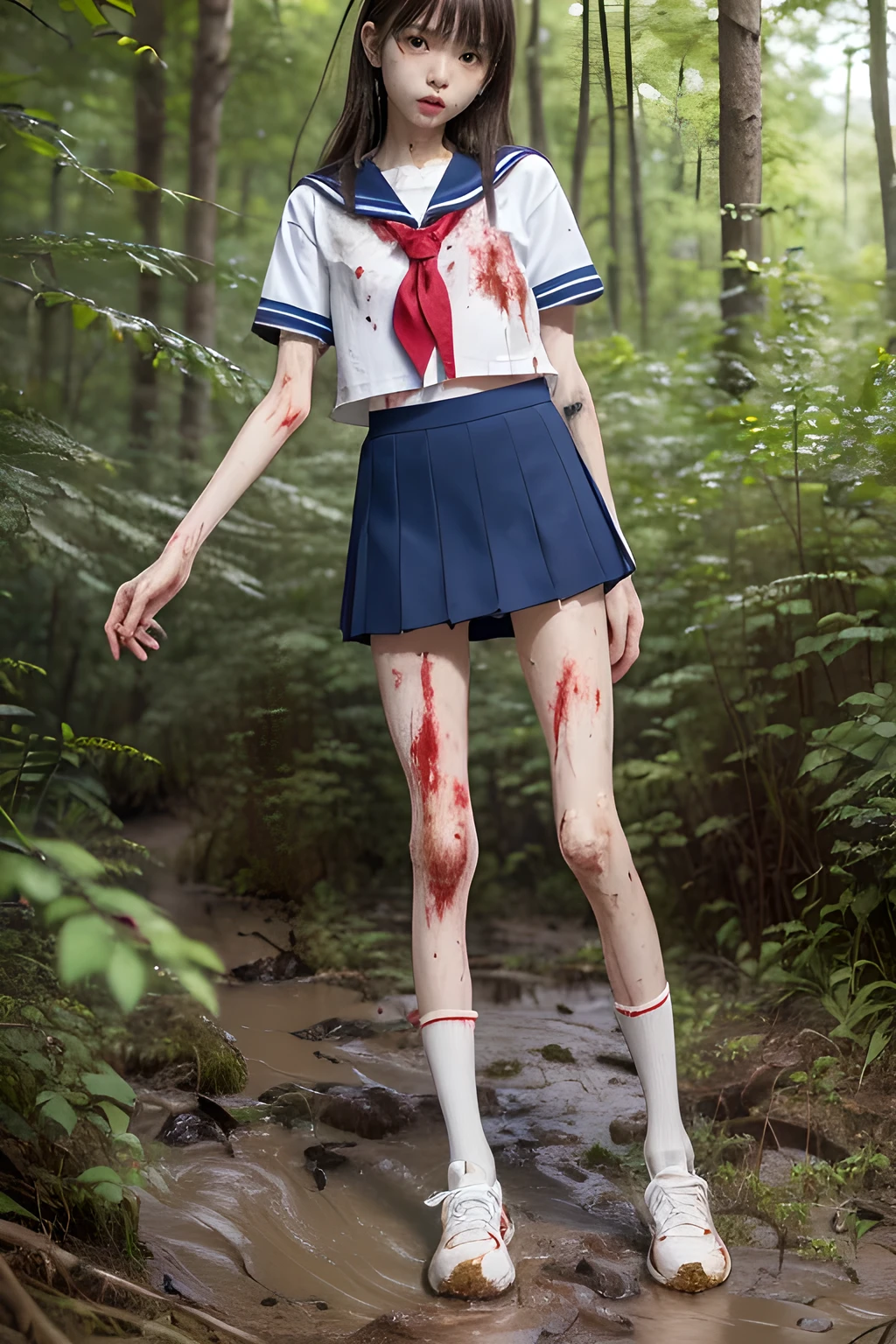 (8K、RAW Photos、highest quality、masterpiece:1.2), (Realistic、Photorealistic:1.2), (High resolution skin:1.1), Beautiful young girl,japanese, 13 years old,small breasts,(Slender girl:1.4),(Thin legs:1.4),dark blue mini skirt,sailor suit, (White high socks), Short sleeve,sneakers, whole body,forest,standing,(muddy),(wounds,bloody legs:1.4)