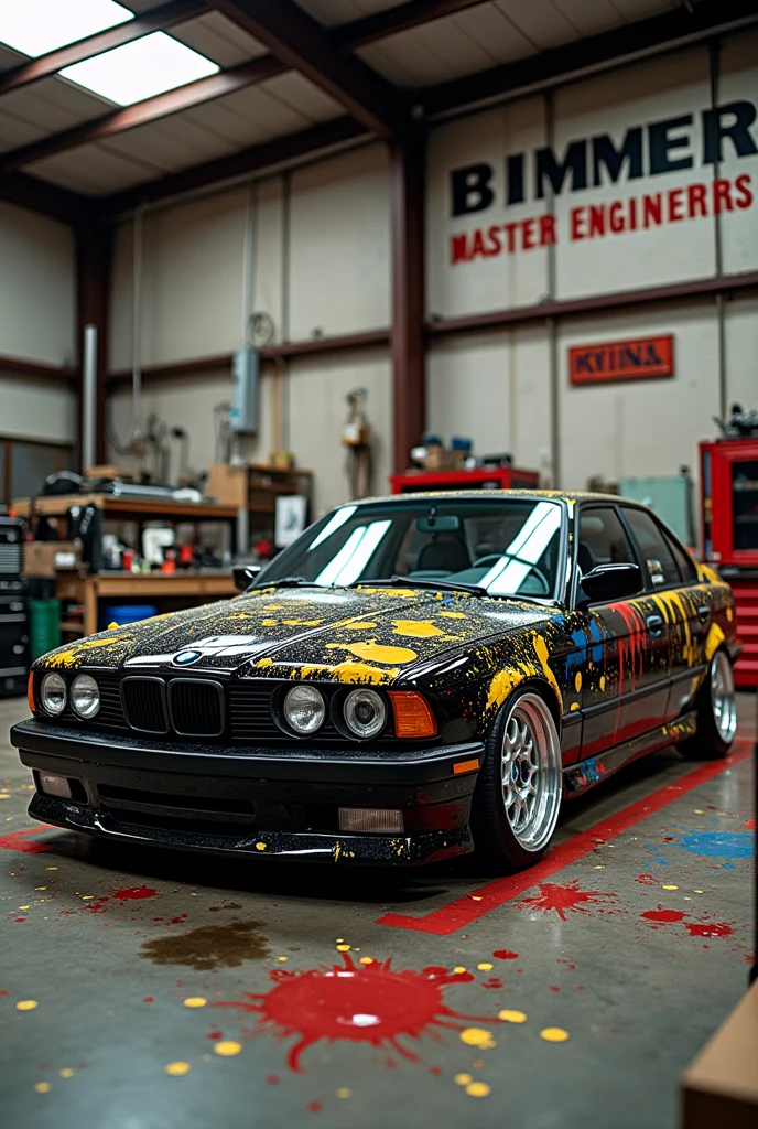 Black BMW E34 covered in paint splatters of various colors all over the car with BBS rims, inside a mechanic's workshop and in the background a large sign that says Bimmer Master Enginners