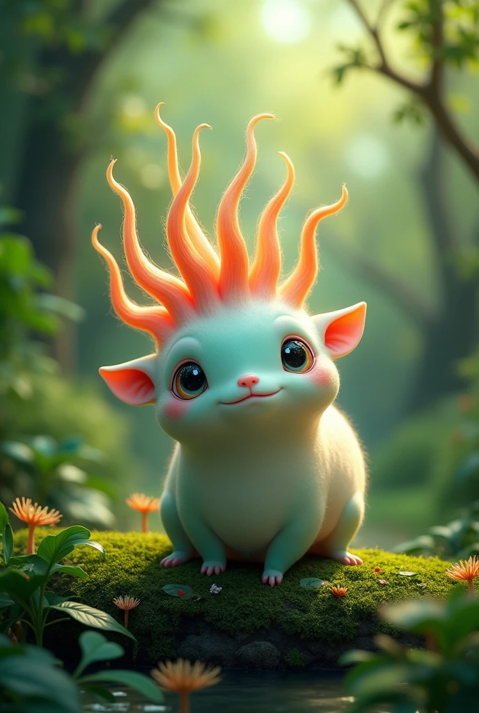 There is a particular Earth life form with a generally soft and rounded shape. This individual is , with a balanced, small structure in the upper part of the body. At the top, there are two large visual organs facing forward, which can appear expressive and reflective, often shining. Below this, there is an opening that forms a soft, curved smile, with delicate lines surrounding it. Additionally, long, smooth, thread-like structures extend from the top of the head, often in various colors and neatly arranged. The movements are light, and the overall appearance conveys a sense of friendliness and kindness. This life form possesses qualities that evoke comfort and affection in those who observe it.