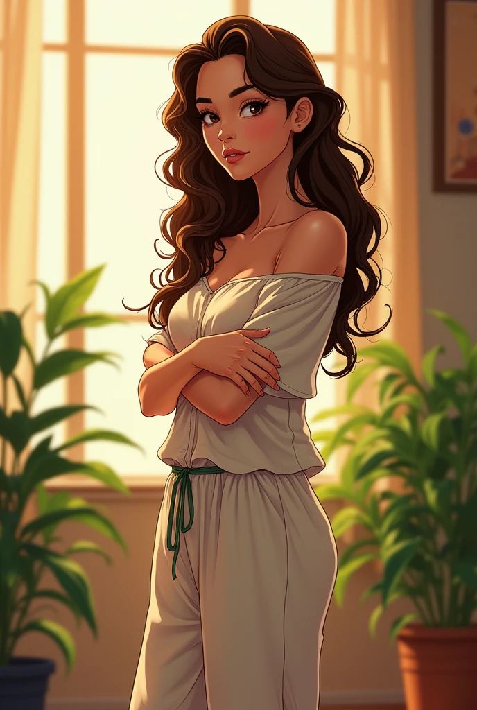 (photorealism:1.2), beautiful woman, crossed arms, wearing loose off-shoulder top, pajama pants, long curly hair, indoors, soft lighting, plants in background, window with sunlight, cozy room, relaxed pose, anime, intricate details, warm colors, by Greg Rutkowski, by Alphonse Mucha, full body, landscape, side view
