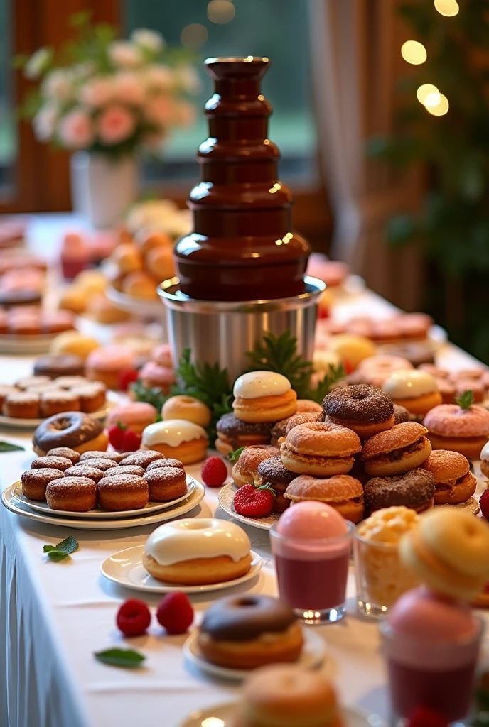 Long table with white tablecloth, On this many sweet pastries and donuts of different flavors, Ice cream in small strawberry cups and a chocolate fountain in the center