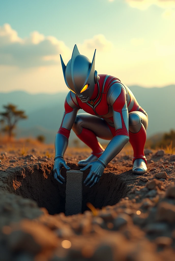 ultraman digging big hole, tilt-shift photography, hyperrealistic, 8k, highly detailed, photorealistic, volumetric lighting, dramatic lighting, cinematic composition, wide angle lens, miniature effect, depth of field, bokeh, vibrant colors, HDR, intricate details, dramatic shadows, realistic textures, cinematic mood, masterpiece