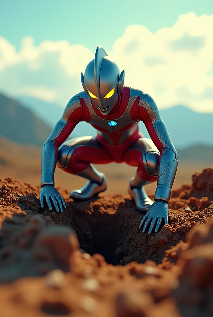 ultraman digging big hole, tilt-shift photography, hyperrealistic, 8k, highly detailed, photorealistic, volumetric lighting, dramatic lighting, cinematic composition, wide angle lens, miniature effect, depth of field, bokeh, vibrant colors, HDR, intricate details, dramatic shadows, realistic textures, cinematic mood, masterpiece