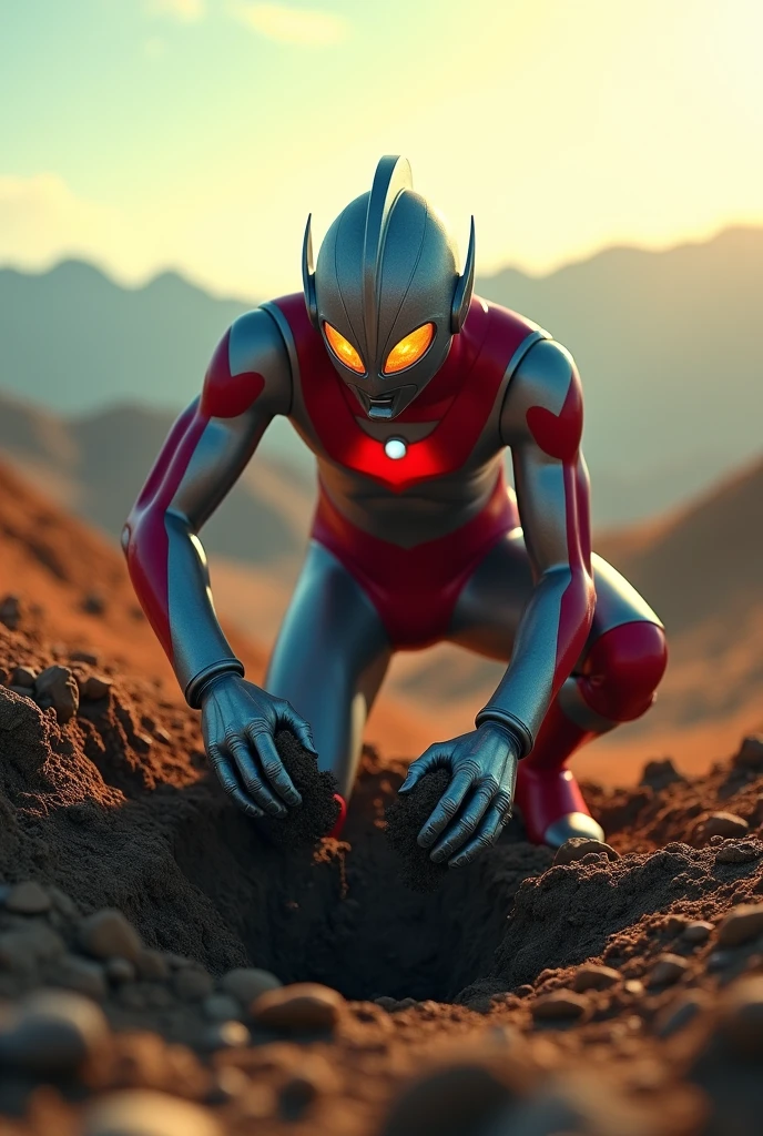 ultraman digging big hole, tilt-shift photography, hyperrealistic, 8k, highly detailed, photorealistic, volumetric lighting, dramatic lighting, cinematic composition, wide angle lens, miniature effect, depth of field, bokeh, vibrant colors, HDR, intricate details, dramatic shadows, realistic textures, cinematic mood, masterpiece