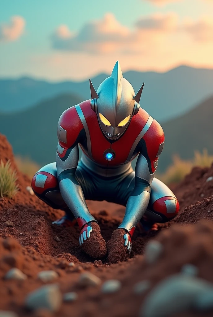 ultraman digging big hole, tilt-shift photography, hyperrealistic, 8k, highly detailed, photorealistic, volumetric lighting, dramatic lighting, cinematic composition, wide angle lens, miniature effect, depth of field, bokeh, vibrant colors, HDR, intricate details, dramatic shadows, realistic textures, cinematic mood, masterpiece