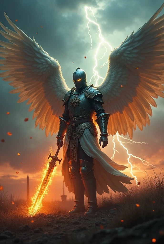 Powerful guardian angel with medieval armor, glowing eyes, a sword with fire pointing at the enemy