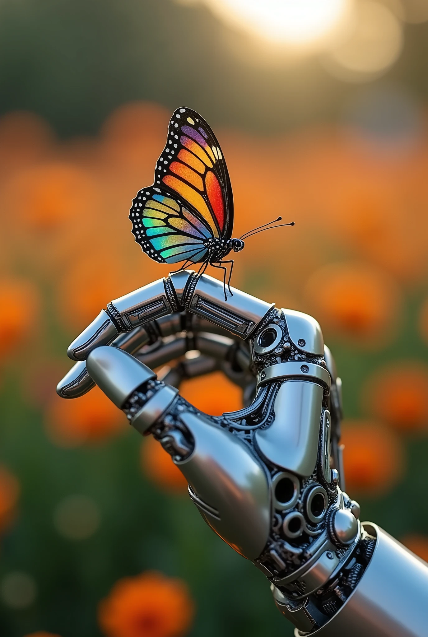 Close-up of a mechanical hand, butterfly perched on index finger,