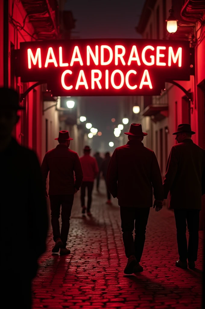 Create a logo for a craft burger joint with the title Malandragem Carioca in red LED and a background of a dark cobblestone street, with men wearing gangster hats in the back in Lapa