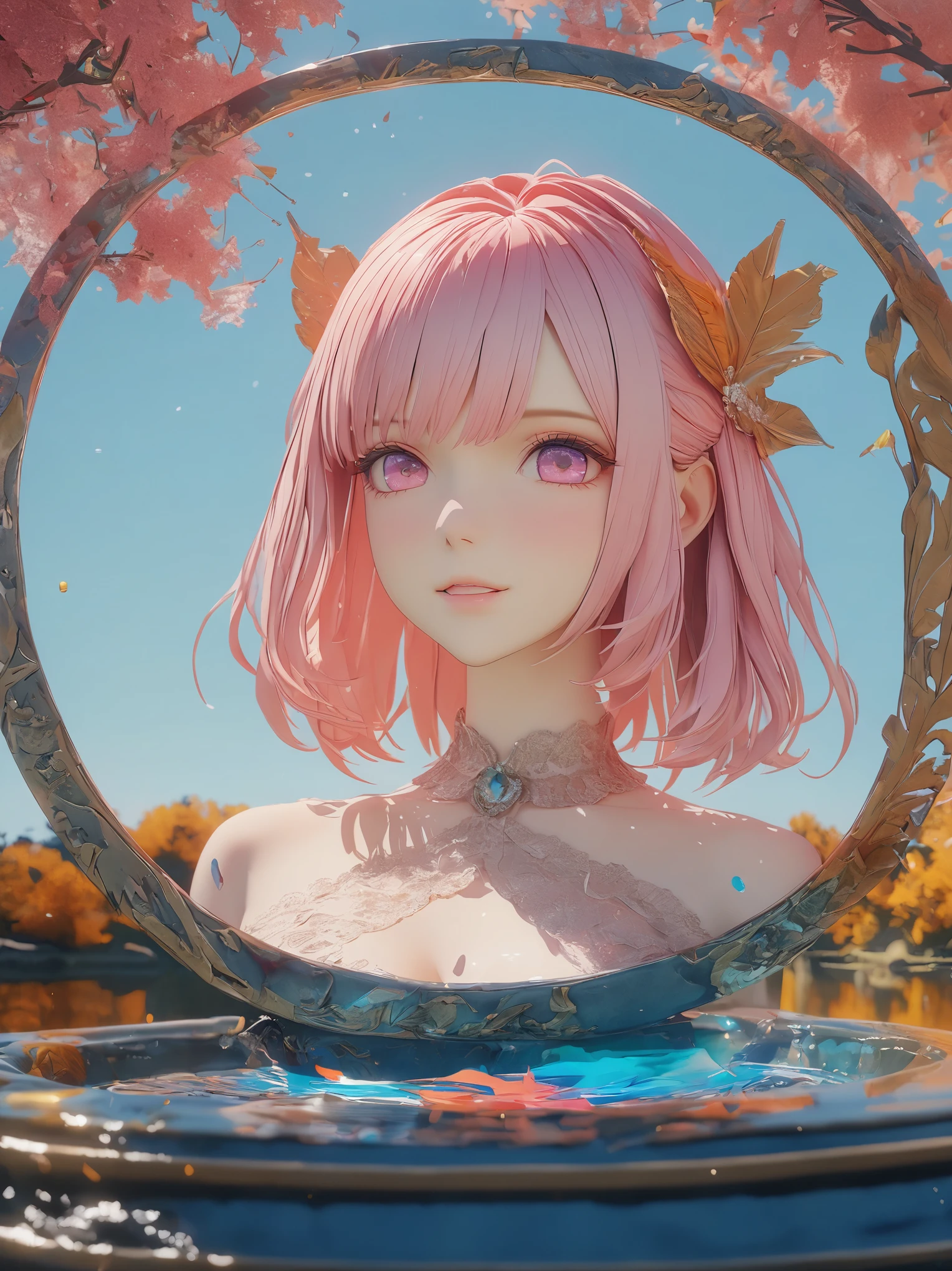 DIY16,best quality, Ultra HD, masterpieces, 8K, Practical, Anime style, 3D Rendering,(Pond in the evening:1.2), (8K, best quality, masterpiece:1.2), (Ultra-high resolution:1.0), Extremely bright design, Soft colors, (ink:1.3), Autumn Lights, High Detail, dramatic, photoPractical painting art